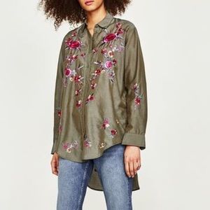 Zara khaki floral embroidered shirt